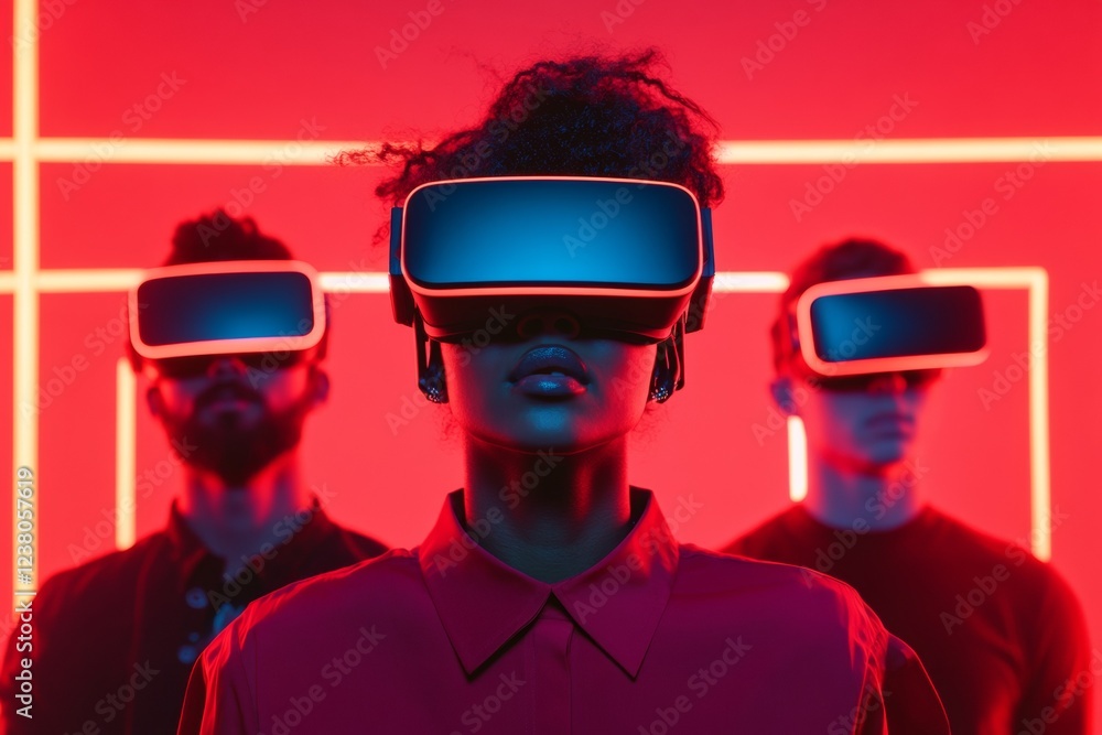 Poster futuristic vr gaming diverse young adults engaged in neon-lit virtual reality session - dynamic tech