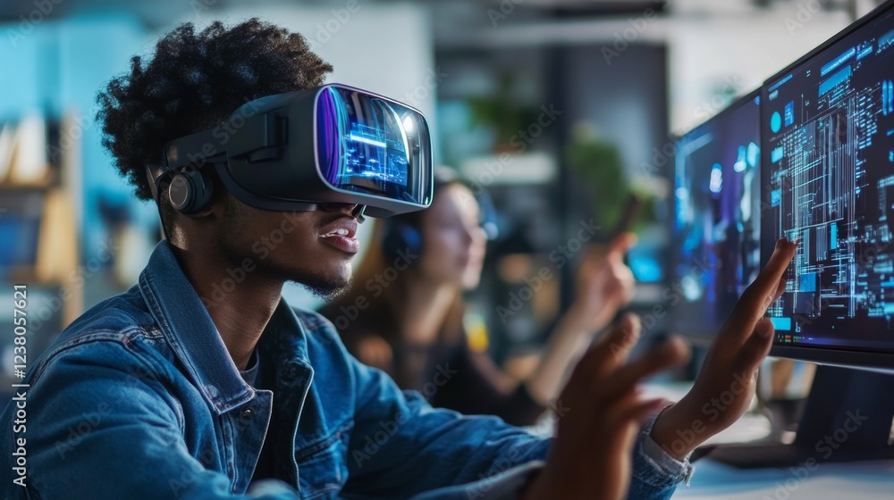 Poster y2k chrome vr collaboration young professionals engaging in futuristic design in high-tech workspace