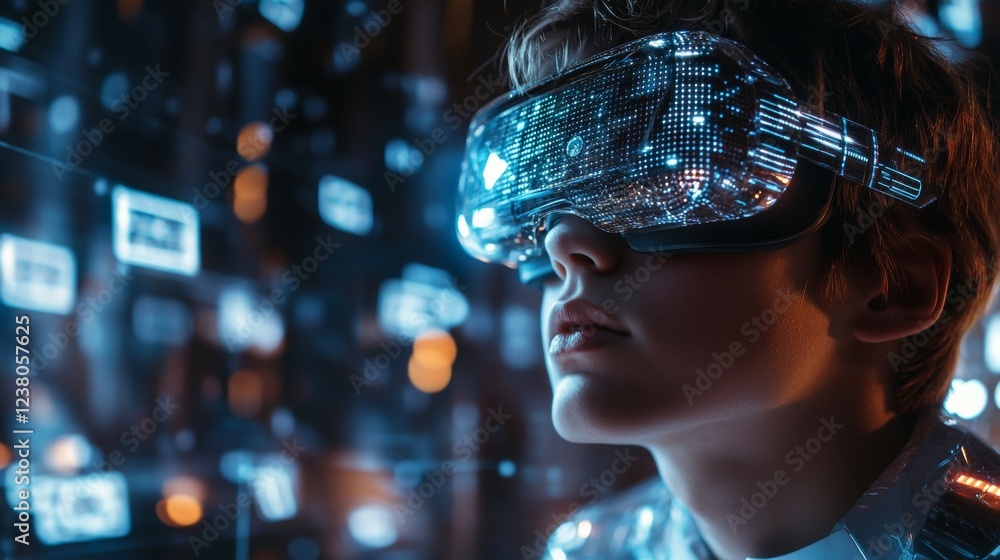 Aufkleber Futuristic Advent VR Young Man in Metallic Space with AI Holograms - Enhanced Interactive Experience for Tech Innovation and Digital Marketing