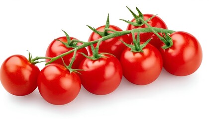 A group of fresh, plump cherry tomatoes with a glossy red skin and green stems, isolated on a white background, perfect for culinary and healthy eating themes