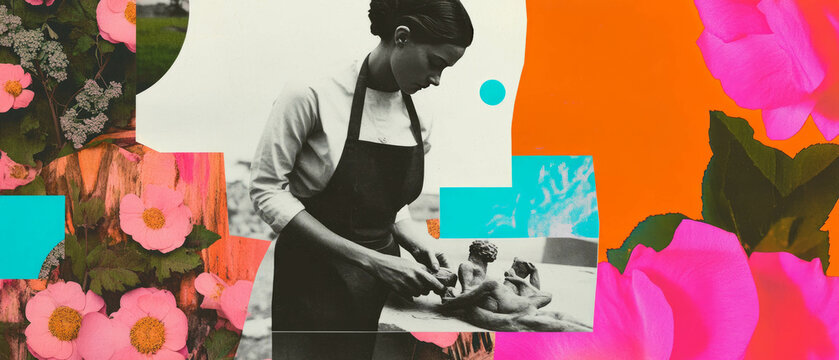 Minimalist collage depicting an artist sculpting a clay figure with floral elements