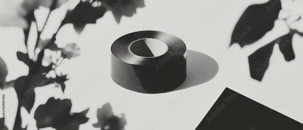 Poster minimalist collage featuring geometric shapes and a close-up of gaffer tape on a white background