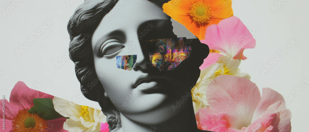 Poster Minimally styled collage of a statue's face with vivid floral patterns and geometric elements