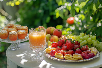Naklejka premium Fresh Fruit Platter with Juice on Outdoor Wooden Table