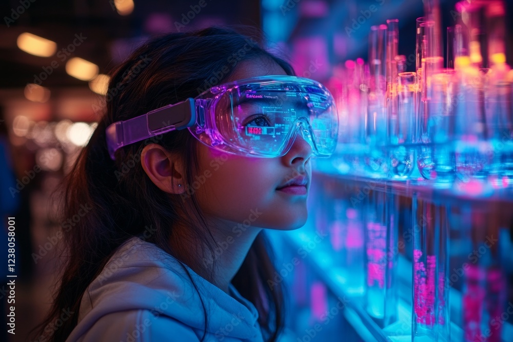 Aufkleber immersive vr learning south asian teen girl in neon-lit virtual science lab with interactive hologra