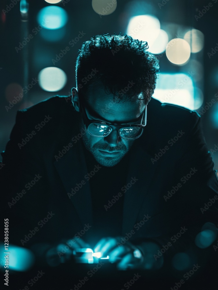 Aufkleber futuristic tech noir white mid-30s man with ar glasses in dimly lit room - holographic interface for