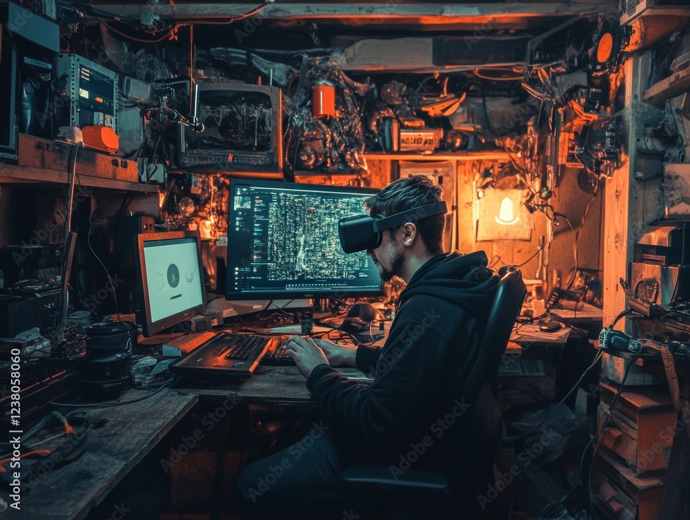 Aufkleber Raw Digital Innovation Young Developer in VR Glasses Coding in Industrial Studio - Enhancing Creative Coding and Immersive Tech Solutions for Dynamic Business Environments