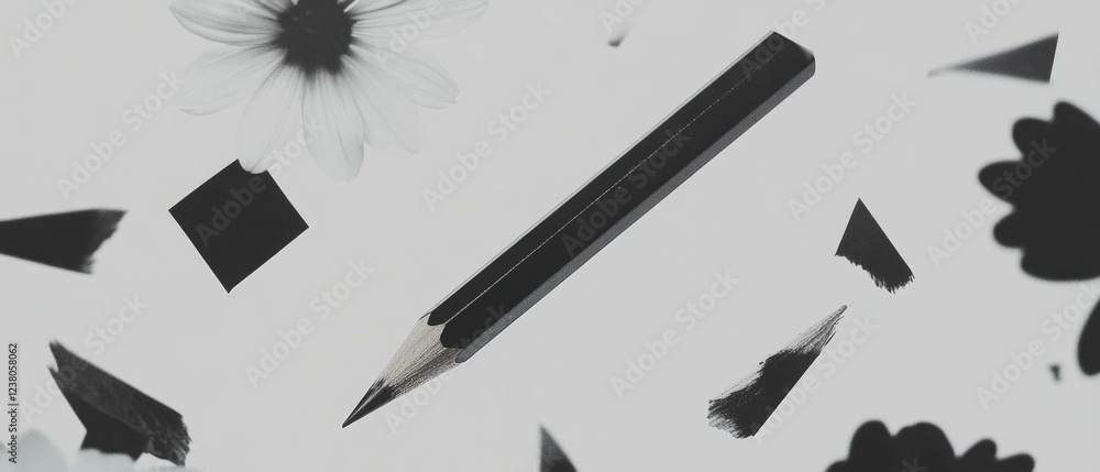 Poster minimalist collage featuring pencil with sharpened tip and floral geometric elements