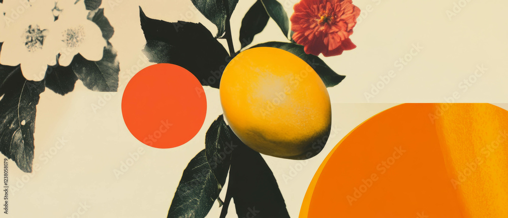 Poster minimalist collage featuring a textured slice of mango with geometric shapes and flowers