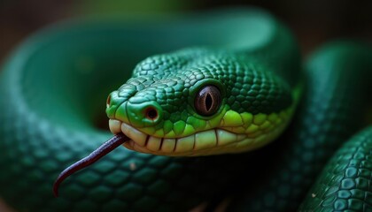 Fototapeta premium Emerald Green Snake Close-Up: Nature's Jewel