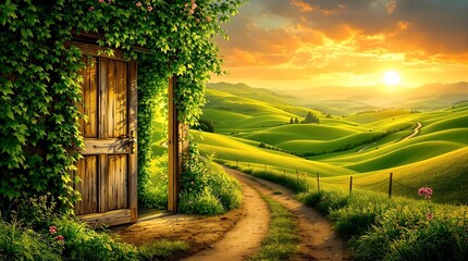 Obraz premium A winding dirt path lined with vibrant wildflowers leads to a charming countryside cottage, nestled in rolling green fields under a bright blue sky with fluffy white clouds.