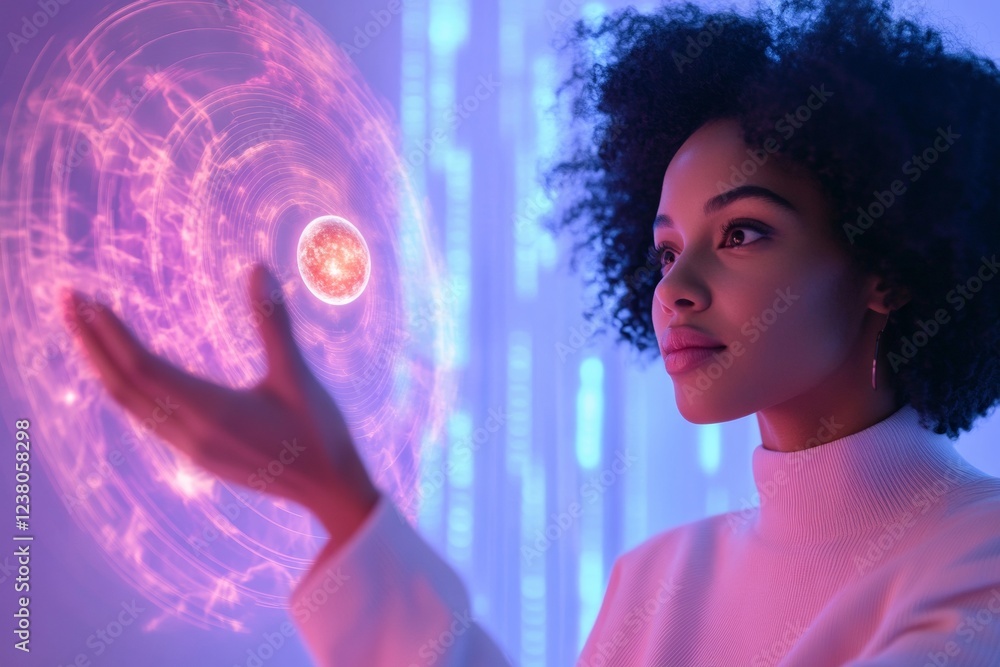 Poster neon futurism black female engineer with holographic solar system interface - cutting-edge space vis