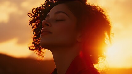 Serene woman with curly hair, eyes closed in meditation at sunset, wearing a red dress, with orange sky and mountains. Inner peace and nature connection.