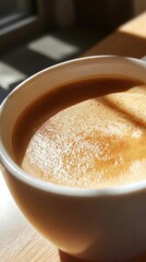 A steaming cup of cappuccino with a rich foam texture is beautifully illuminated by natural sunlight on a wooden table.