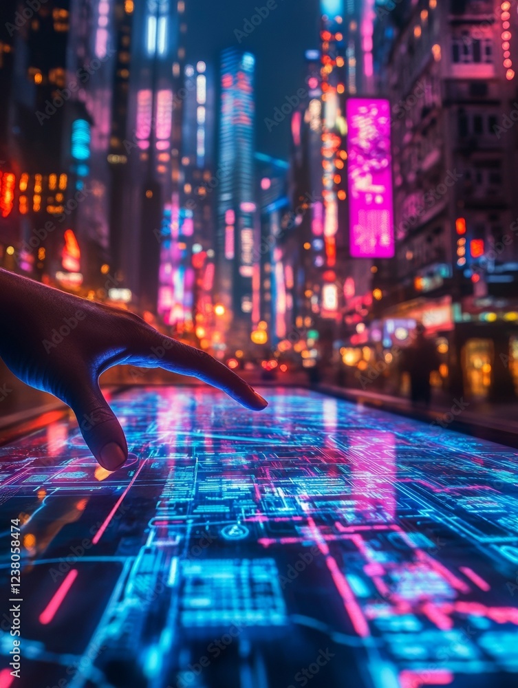 Poster neon urbanism interactive holographic maps in a futuristic cityscape - enhancing smart city planning