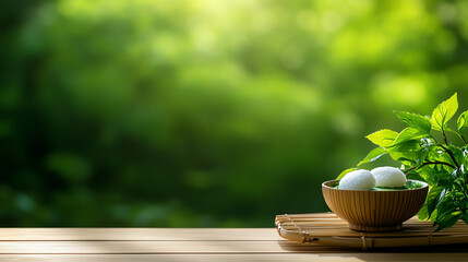 Japanese Mochi filled rice cakes, served with matcha tea in a minimalist Zen garden, Asian desserts, refined elegance