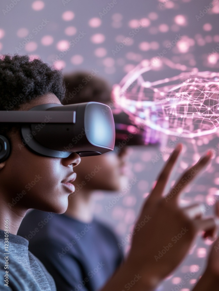 Poster Immersive VR Collaboration Teen Multicultural Team Using Holographic Interface for EdTech Innovation in Modern Tech Lab - Empowering Interactive Learning and Diverse Problem-Solving