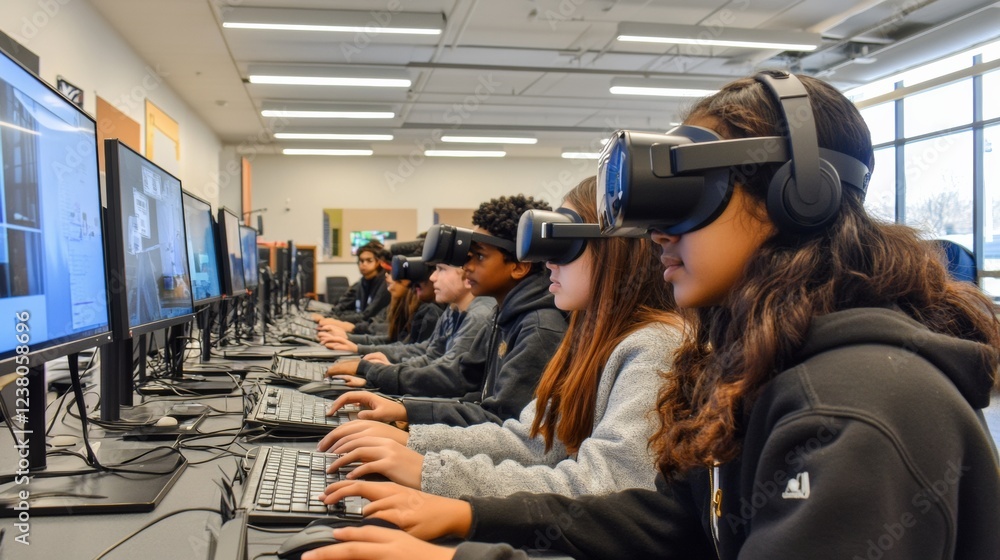 Poster Immersive Virtual Reality Workshop Diverse Youth Engaging in Team Collaboration with Advanced VR Headsets in Tech-Enhanced Classroom for EdTech Innovation