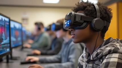 Immersive VR Learning Experience Diverse Teen Group Engaged in Virtual Reality Collaboration in High-Tech Classroom - Enhancing Educational Innovation and Teamwork Skills