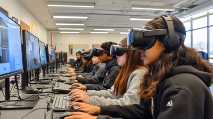 Immersive Virtual Reality Workshop Diverse Youth Engaging in Team Collaboration with Advanced VR Headsets in Tech-Enhanced Classroom for EdTech Innovation