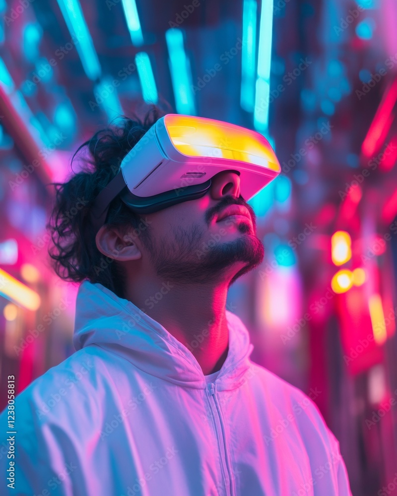 Leinwandbilder neon-tech immersion hispanic man in futuristic vr glasses and reflective jacket - ai-powered virtual