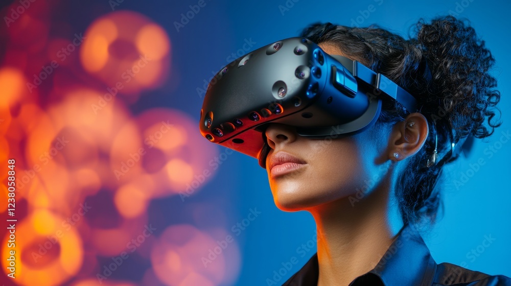 Poster futuristic tech biohacking focused young woman with vr training headset and biometric wristbands - r