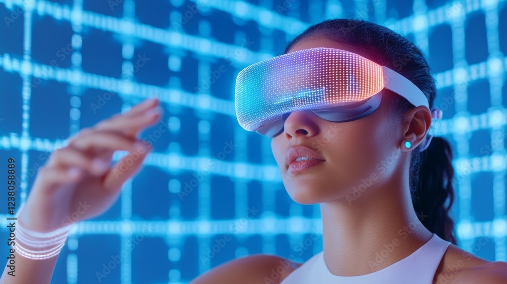 Poster immersive tech experience hispanic woman in late-20s with vr headset and digital wristbands - futuri
