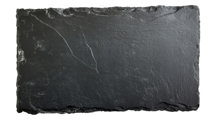 Rectangular black slate plate on transparent background, showing natural texture