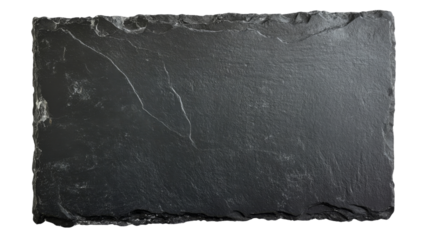 Rectangular black slate plate on transparent background, showing natural texture