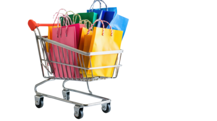 Shopping cart full of colorful paper bags on transparent background