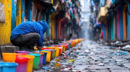 Person cleaning buckets in a narrow, colorful alleyway; poverty and sanitation