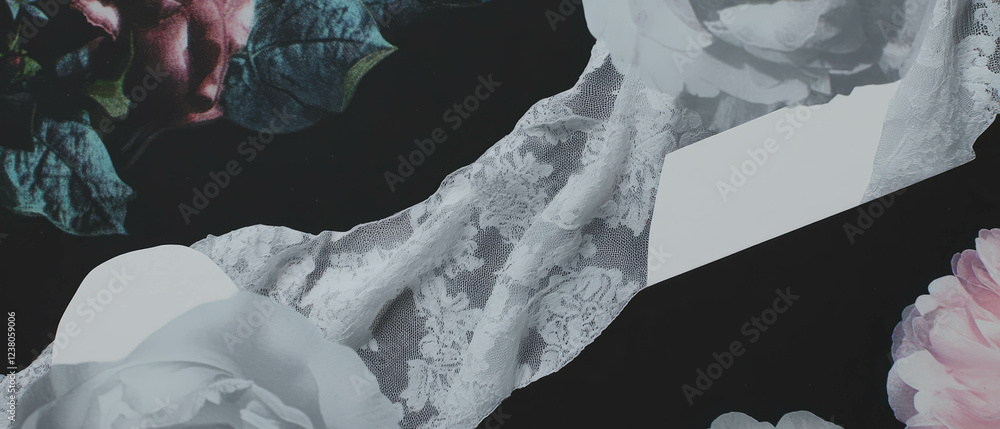 Poster minimalist collage featuring intricate lace fabric with floral patterns against a white background