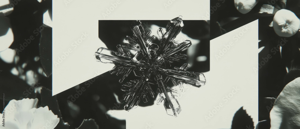 Poster Intricate snowflake collage blending geometric shapes and floral patterns on a minimalist background