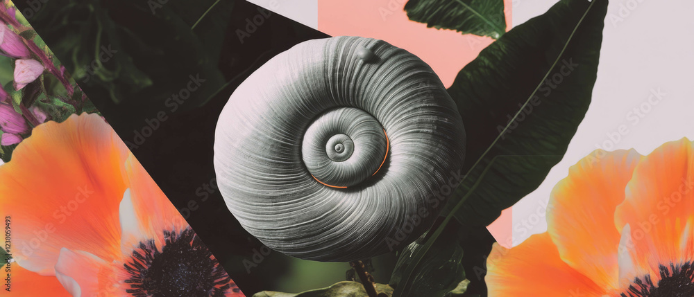 Poster minimalist collage featuring a seashell with floral and geometric elements on a white backdrop