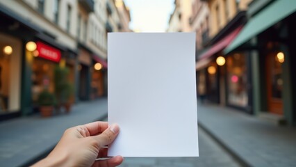 Flyer in Hand Mockup, Urban street scene with a sharp flyer in hand vibrant storefronts around.