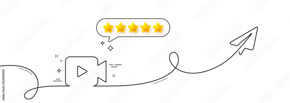 Poster video camera line icon. continuous line with share plane. movie or cinema sign. multimedia symbol. f