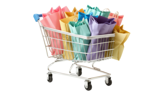 Shopping cart full of colorful paper bags on transparent background