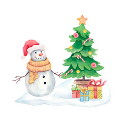 Composition with a snowman holiday tree and gifts. Watercolor illustration drawn by hand on a white background.