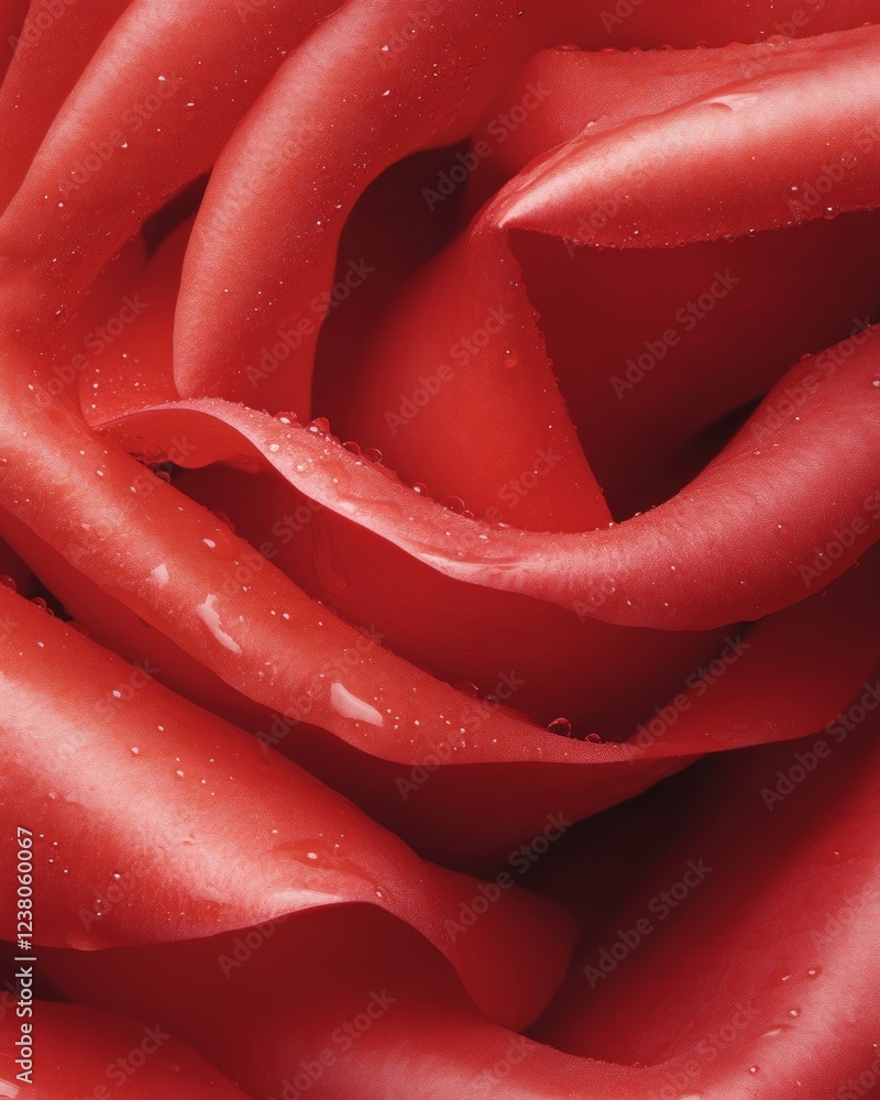 Poster cutting-edge floral macro view of biotech-inspired rose petals with digital textures and dew drops f