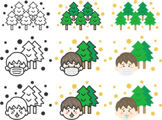 花粉症の症状の、男性のアイコンのイラストセット