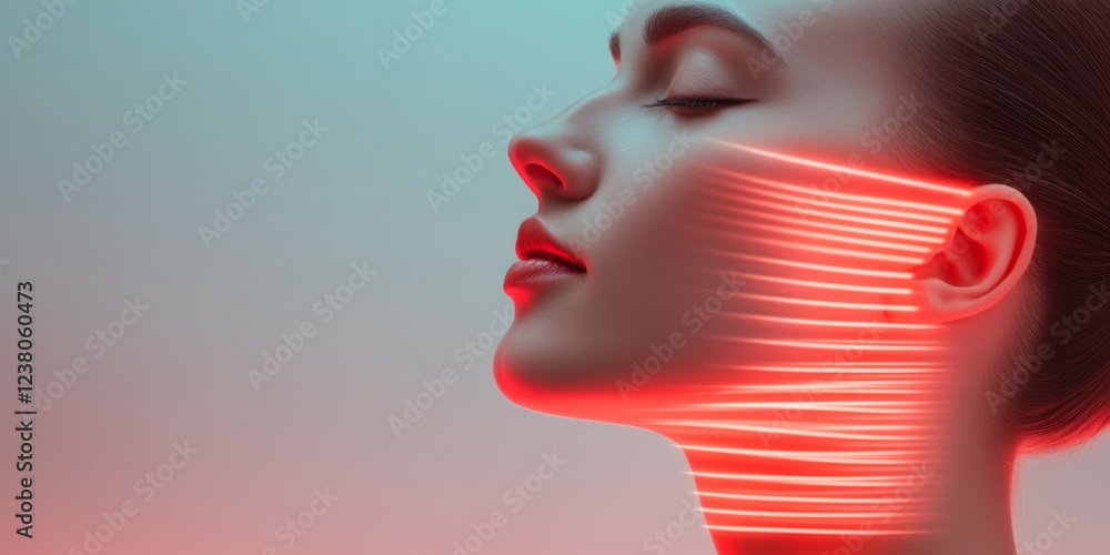 Aufkleber AI-Powered Digital Face Scan Futuristic Red Light Overlay on Model for Advanced Tech Integration in Virtual Reality and Innovative Marketing Imagery