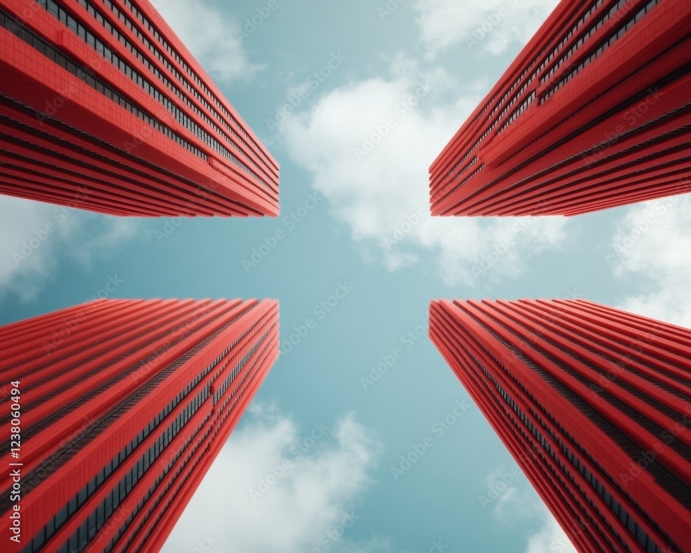 Poster futuristic red skyscrapers against blue sky bold architectural design and urban development in moder