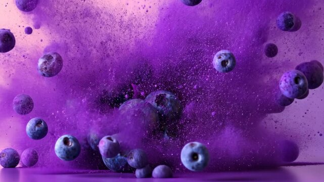 Bunch of blueberries are scattered on a purple background. The blueberries are surrounded by purple powder, giving the impression of a colorful explosion. Concept of energy and excitement