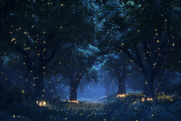 Obraz premium Enchanted forest filled with glowing lights and magical atmosphere at night