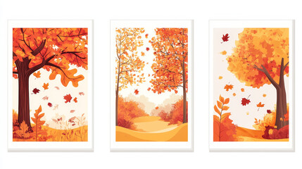 Hello Autumn posters and banners template for Fall is coming greeting card or seasonal sale design. Vector autumn falling leaves foliage of maple leaf, oak acorn or elm and polar or aspen tree