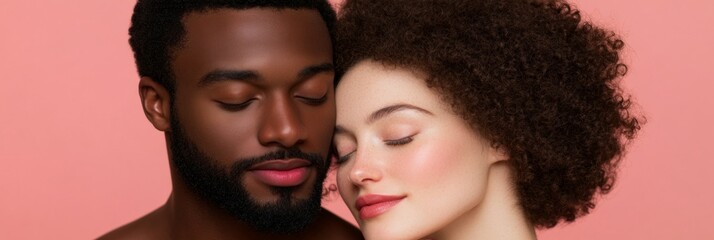 Obraz premium Soft Romantic Unity Tender Couple Embrace Against Blush Pink Backdrop Emotional Bonding Imagery for Relationship Campaigns and Inclusive Marketing