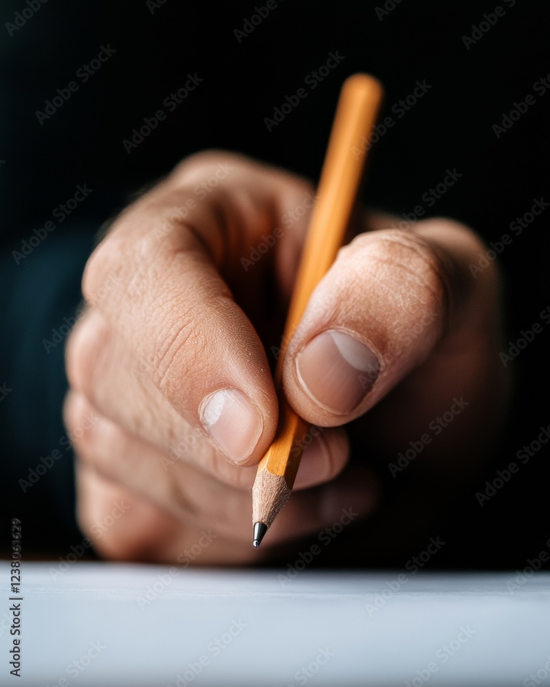 Aufkleber Contemporary Writing Technique Focused Hand with Pencil on Paper - Creative Process Visualization for Educators and Content Creators, Emphasizing Textural Details and Learning Engagement