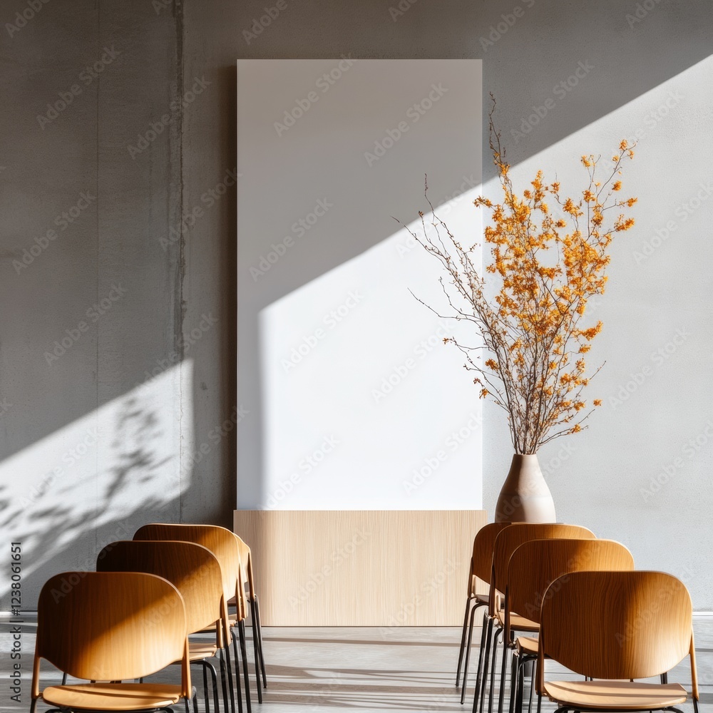 Aufkleber modern minimalist classroom interactive whiteboard and curved birchwood chairs in sunlit space - con