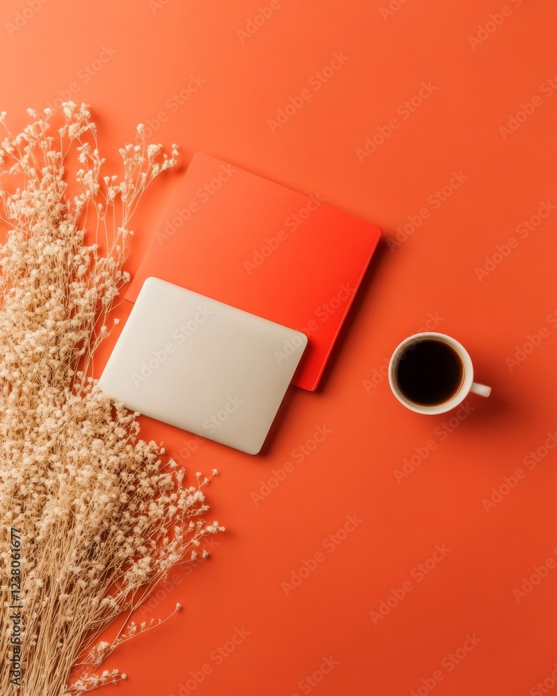 Poster vibrant workspace vignette sleek laptop with coffee and stationery on bold orange backdrop - dynamic