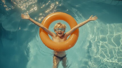 A happy child with goggles enjoys swimming in a pool, holding an orange float ring with arms outstretched in excitement.